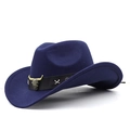 Dark blue wool felt western cowboy hat with vintage bull head emblem and curved brim - M (56-58cm) Adjustable / Navy Blue