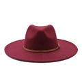 Classic dark burgundy wool fedora hat with flat brim and brown leather decorative band - Burgundy