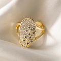 Gold-plated adjustable ring with blue flower zircon oval surface on silk background - Adjustable Open / Oval Blue Flower (14436) / Gold Blue Flower