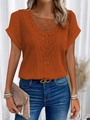 Short sleeve knit top in vibrant orange featuring delicate lace v-neckline and crochet texture - S / Tops / Orange Red