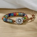 Bohemian leather wrap bracelet with colorful square stones and sunflower charm - Colorful Square Beads/Vintage Sunflower
