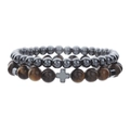 Detail view of hematite beads and tiger eye stones with a central cross charm bracelet - 6mm Hematite + 8mm Tiger Eye
