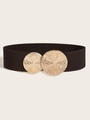Detail of wide black elastic waist belt with a textured golden double disk buckle - Coffee