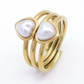 Eleganter, 18 Karat vergoldeter Dreifach-Spiralring mit zwei herzförmigen weißen Perlen - US 7 / Spiral Doppel Herz Perle Stil (KR113068-SP)