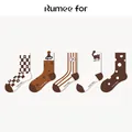 Lot de 5 chaussettes mi-mollet rétro café et beige avec étoiles et damiers - Série Bubble Tea