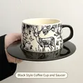 Retro cream ceramic coffee cup and saucer set with black vintage deer illustration - Floral Deer / Black