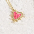 Gold-plated heart pendant necklace with hot pink enamel and sparkling zircon accents - Rose Red