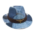 Kids western cowboy fedora hat in blue denim patchwork with bull badge and metal studs - Kids Size / Light Blue