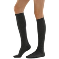 Dark grey knee-high knit socks with ribbed elastic cuffs for women in a side view - One Size / Dark Gray