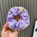 Purple gingham scrunchie with yellow heart label and contrasting edge for women - Small Grid / Purple