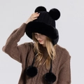 Bonnet d'hiver noir en tricot avec doubles pompons en fausse fourrure et protège-oreilles - Noir