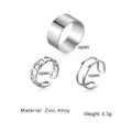 Set di 3 anelli regolabili in lega di zinco argento con design a catena e incrociato - Combinazione di anelli aperti a superficie larga e catena argentata (HB00156-1)