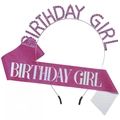 Pink glitter Birthday Girl sash and purple rhinestone metal headband set for kids - Purple Jewelry Set