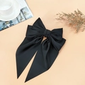 Elegante fermaglio per capelli a doppio fiocco in raso nero con lunghi nastri cadenti - Nero