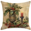 Vintage Christmas pillow cover featuring holly berries and red candle on linen fabric - YMD511-16 (Red Candle & Holly)