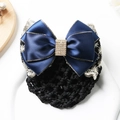 Dark blue satin bow hair clip with gold trim, crystal buckle, and black hairnet for nurses - Square Rhinestone Lace Gold Edge Blue