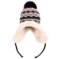 Detailed close-up of ethnic knit pattern and thick faux fur lining on winter earflap hat - One Size / Black