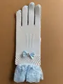 Light blue mesh wedding gloves featuring a silk bow and sparkling rhinestone detail - Light Blue