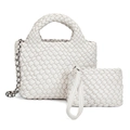 Chic white woven crossbody bucket bag set with metal chain strap and matching pouch - Ivory