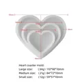 Three-size heart-shaped silicone coaster molds with detailed dimensional measurements - Heart Set