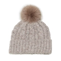 Women's cable knit beanie with faux fur pom pom in mixed grey and beige yarn - M (56-58cm) / Khaki
