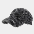 Detail of plush grey tiger pattern baseball cap showing faux fur texture and warmth - Grey Plush / Striped Black