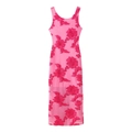 Close-up of rose pink sleeveless maxi dress featuring 3D floral embroidery on mesh fabric - Rose Pink
