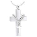 Detailed view of silver double cross urn pendant with small diamonds on snake chain - Silver