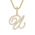 Macro detail of 18K gold letter U pendant with iced out pavé zircon and rope chain - Letter U / Gold (Pendant Only)