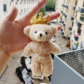 Mini cream plush teddy bear keychain with golden crown and silver bead chain accessory - Crown Bear