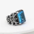 Retro gothic silver ring with rectangle sky blue gemstone and fleur-de-lis engravings - US 7 / Silver Band Blue Gemstone