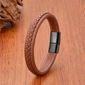 Close-up of men's brown braided leather bracelet with white stitching and magnetic clasp - 19cm / Brown/Black Clasp