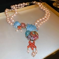 Detail of double-layer pink pearl necklace with shell, starfish and crystal pendant - 15# Double Layer Necklace Rhinestone Shell Star Conch Pearl