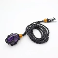 Adjustable woven necklace with natural purple amethyst crystal stone in a black cord net - Amethyst With Black Mesh Bag