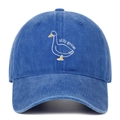 Detail of silly goose white embroidery on washed navy blue cotton baseball cap - Dark Blue