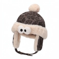 Bonnet aviateur enfant léopard avec cache-oreilles en peluche et yeux décoratifs - 50cm (Recommandé 1-2 Ans) / Style Décoration Gros Yeux 3D / Gris