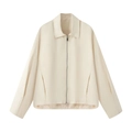 Detailed view of beige cropped jacket with turn-down collar and silver metal zipper - S / White