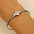 Silver stainless steel twisted wire bracelet featuring a polished cross charm - Silver Cross Style (WG-0528)