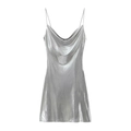 Detail of silver metallic dress featuring a draped cowl neck and thin spaghetti straps - XS / Silver