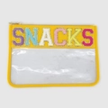 Yellow leather and clear PVC travel bag with colorful SNACKS letter embroidery and gold zipper - Lemon Yellow