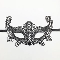 Elegant black lace masquerade mask with intricate cutouts and silk ribbons - Large Fox
