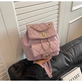 Pink quilted backpack with rhombus stitching pattern and golden chain handle detail - Small / Purple