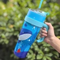 Blue 40oz stainless steel tumbler with handle and cute cartoon whale pattern - 1250ml / Bubble Whale