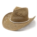 Sombrero vaquero de paja de ala ancha con elegante banda de perlas para el sol - M(56-58cm) / Caqui
