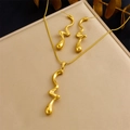 Gold-plated stainless steel jewelry set featuring fluid line design earrings and necklace - Fluid Curve Drop Jewelry Set (N3190 E6208)