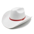 Detailansicht weißer Filzhut mit rotem Lederband und goldener Schnalle im Cowboy-Stil - M (56-59cm) / Weiß 04 (Roter Gürtel)