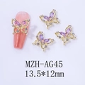 Macrofoto van gouden vlinder nageldecoratie met paarse edelstenen, 13,5x12 mm - Goud Paars Gradiënt Stijl (AG45)