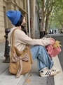Borsa a tracolla in pelliccia sintetica marrone con fiocco a quadri in stile autunno - Borsa a tracolla singola in peluche con fiocco / Marrone