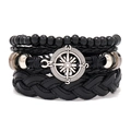 Set di bracciali da uomo multistrato in pelle nera con ciondolo bussola e perline - Bracciale in Pelle con Bussola