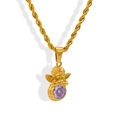 Close-up of a gold angel cupid pendant holding a round purple gemstone on a rope chain - June